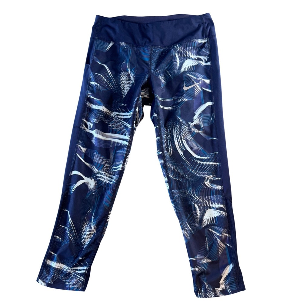 Nike Dri-FIT Womens Blue Abstract Print Running Leggings Crop Tights Small